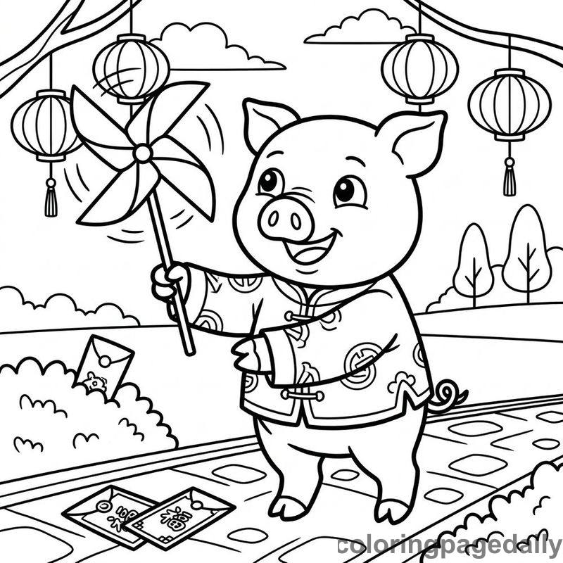 Zodiac Pig Pinwheel - Daily printable coloring page in Chinese New Year category