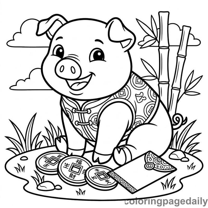 Zodiac Pig With Coins - Daily printable coloring page in Chinese New Year category
