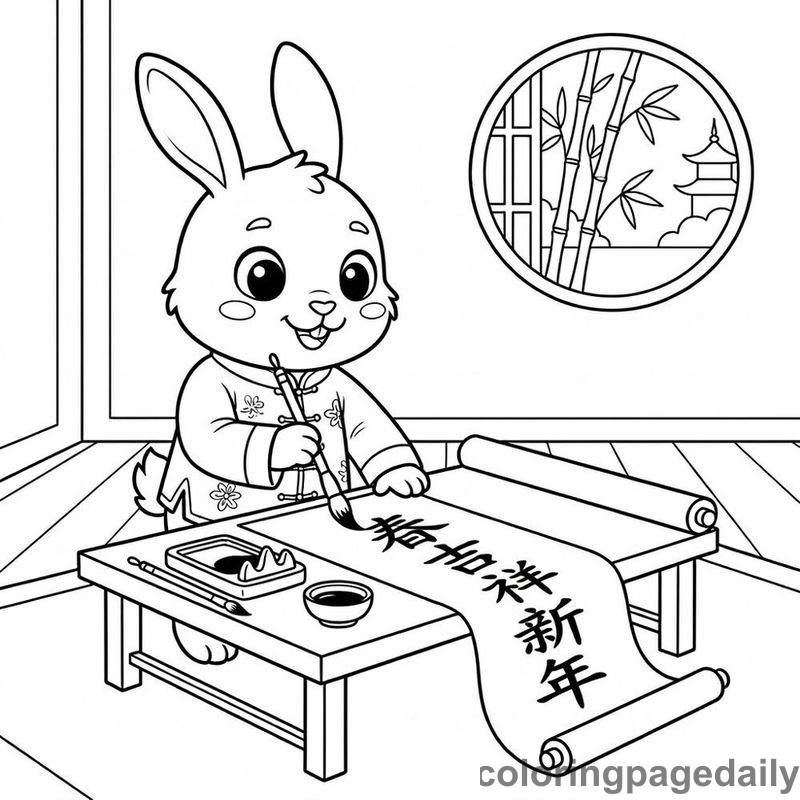 Zodiac Rabbit Painting Calligraphy - Daily printable coloring page in Chinese New Year category