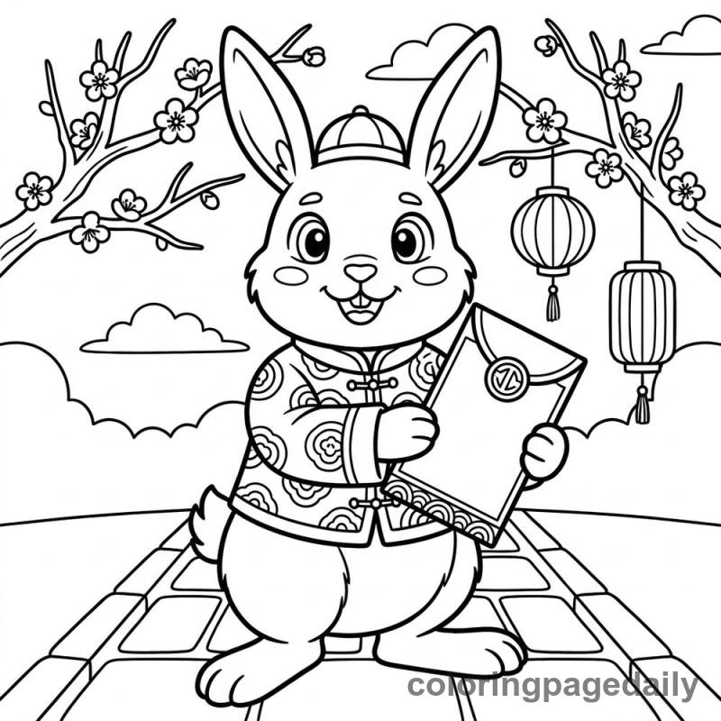 Zodiac Rabbit With Envelope - Colored reference example