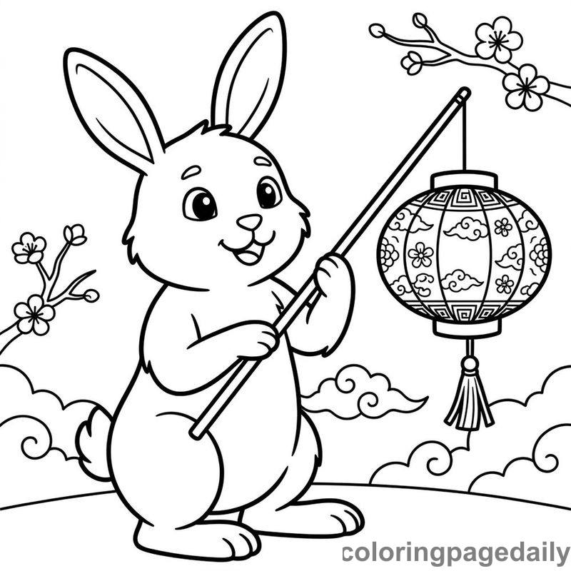 Zodiac Rabbit With Lantern - Daily printable coloring page in Chinese New Year category