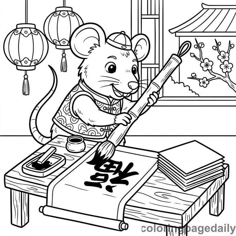 Zodiac Rat Calligraphy - Daily printable coloring page in Chinese New Year category