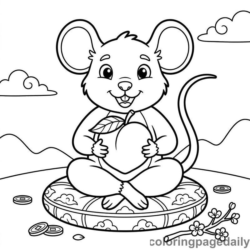 Zodiac Rat With Peach - Daily printable coloring page in Chinese New Year category