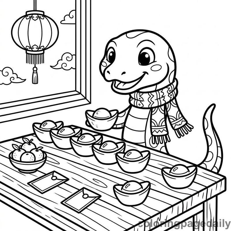 Zodiac Snake Arranging Ingots - Daily printable coloring page in Chinese New Year category