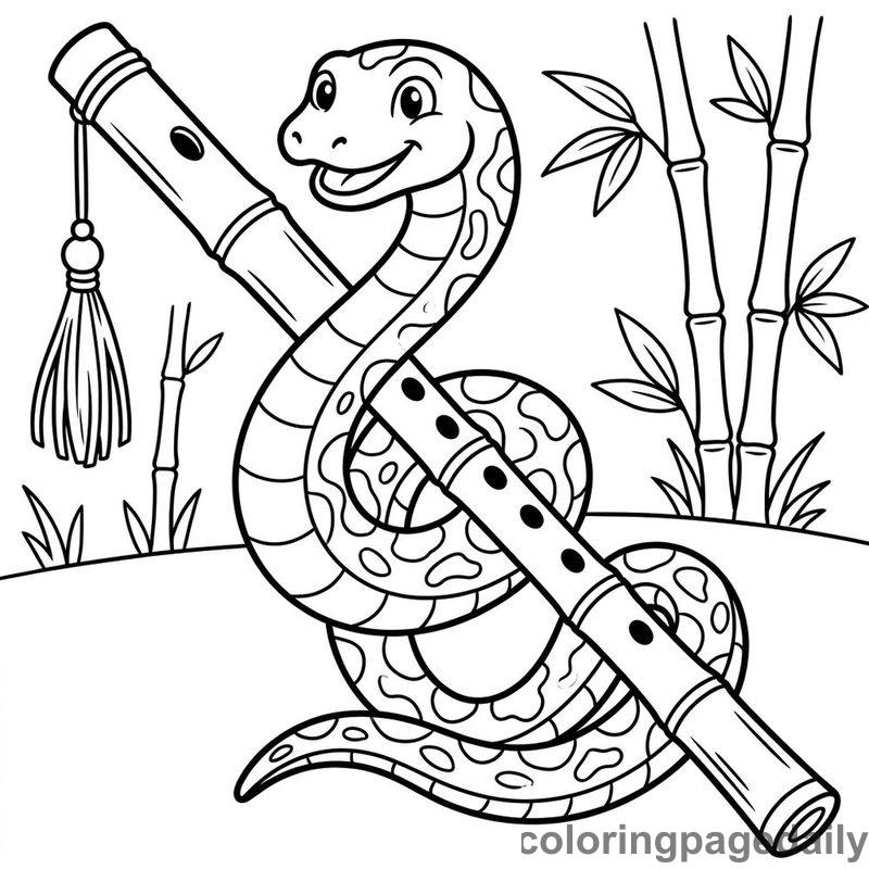 Zodiac Snake With Bamboo Flute - Daily printable coloring page in Chinese New Year category