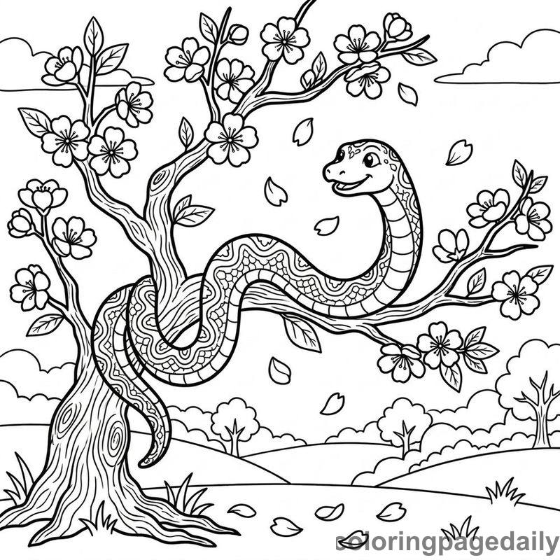 Zodiac Snake With Blossoms - Daily printable coloring page in Chinese New Year category