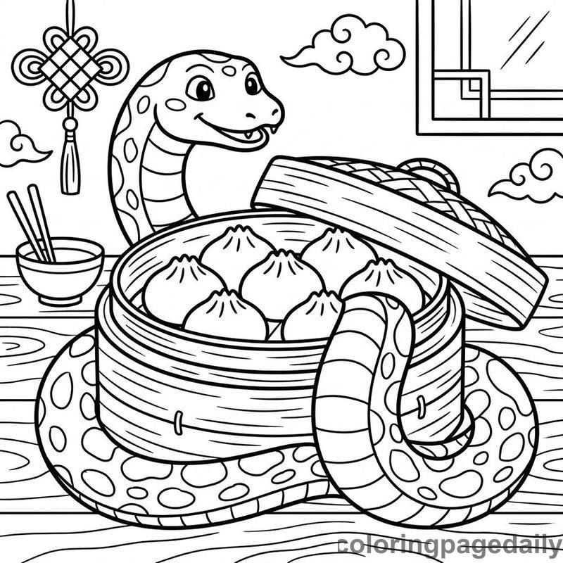 Zodiac Snake With Dumplings - Daily printable coloring page in Chinese New Year category
