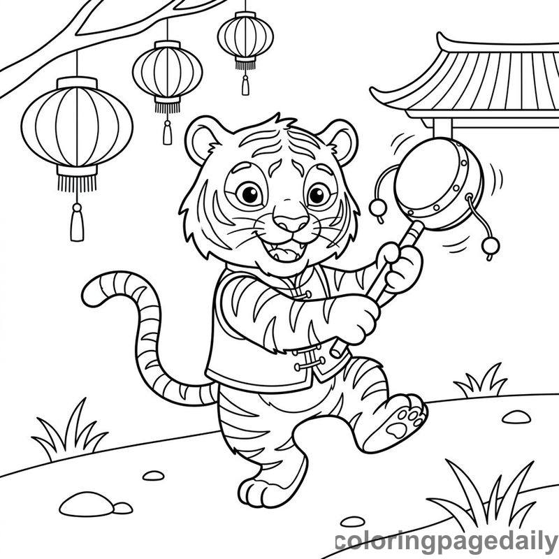 Zodiac Tiger Rattle Drum - Daily printable coloring page in Chinese New Year category