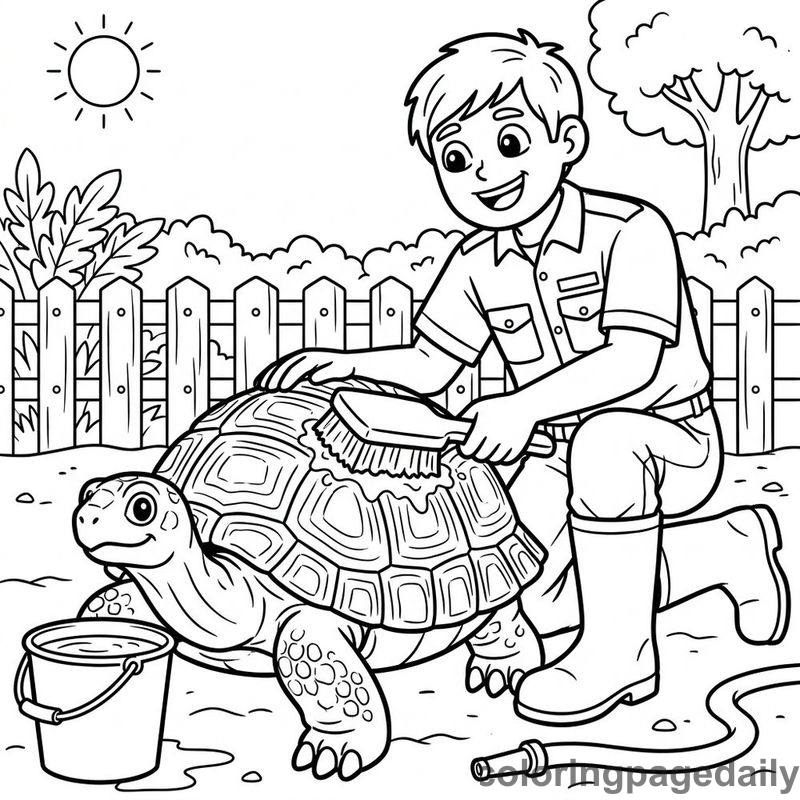 Zookeeper Cleaning Giant Tortoise - Daily printable coloring page in Professions category